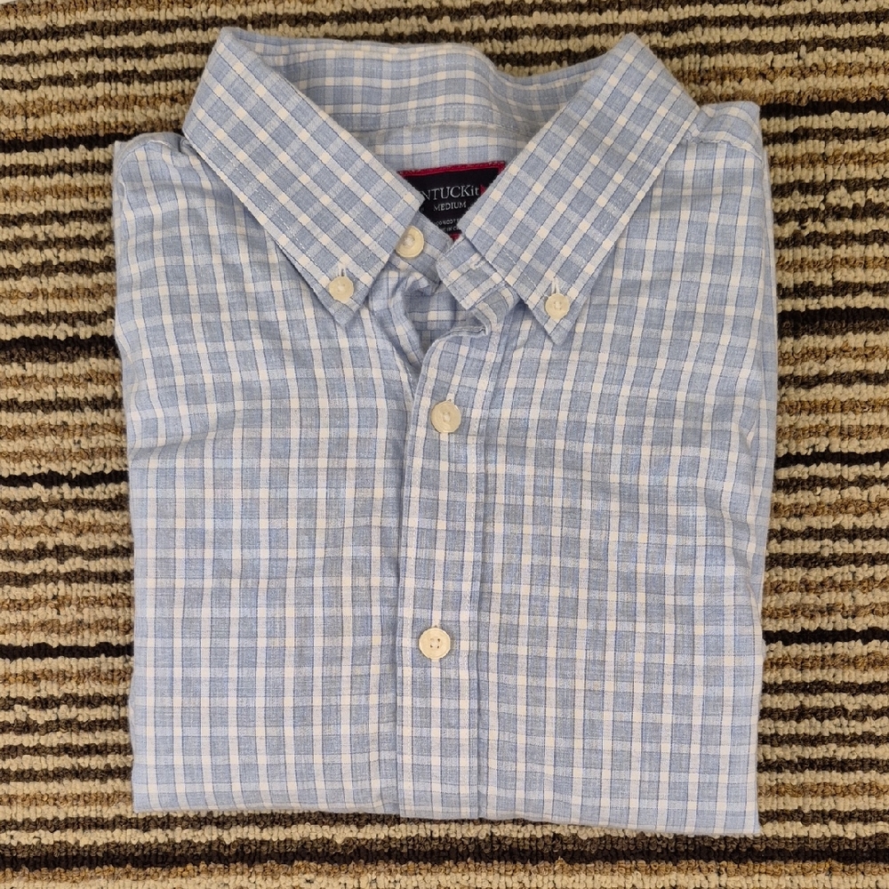 UNTUCKIT Light Blue‎ Grey White Plaid Cotton Medium Mens Long Sleeve Shirt
